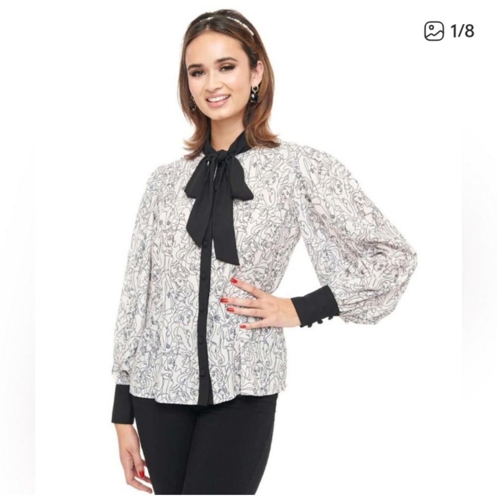 Disney Princess X Unique Vintage Ivory & Black Princess Print Gwen Blouse